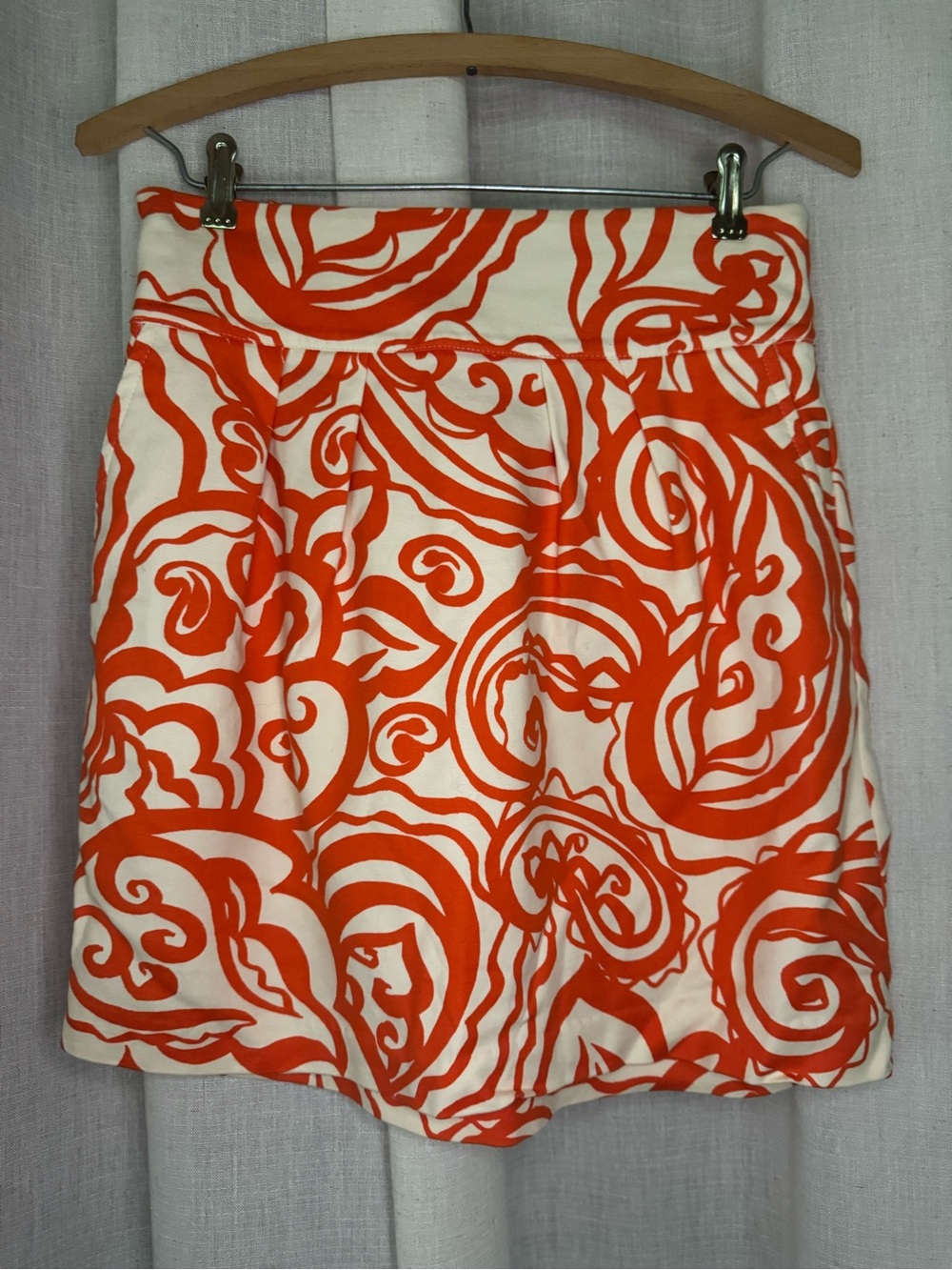Orange & Ivory Printed Soft Cotton Pleated Mini Skirt Pockets XS